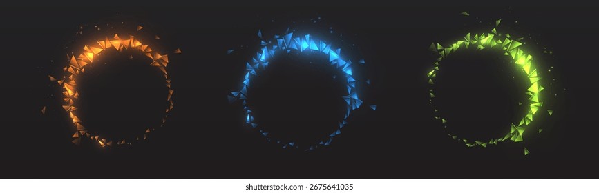 Anillos de luz brillante en estilo abstracto. Círculos de energía con brillo y efecto de fragmentos dispersos para interfaces, efectos de juego y diseño digital.