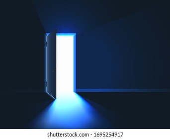 Bright light in room through open door. Open Door in dark room. Vector illustration
