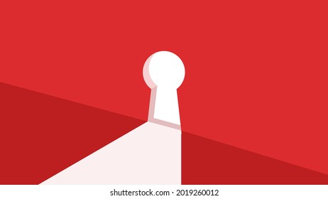 Bright light shining through a keyhole door with red wall background. Key solution, idea, business, chance, opportunity, success, access, entrance for new business concepts. svg