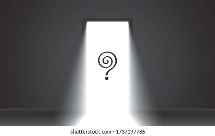 Bright light shining thru an opened door with a question mark in the center. Mysterious black background with a light coming from a magical room or some strange place. Vector illustration.