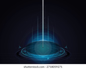 A bright light shoots down from above, illuminating a circular design below. The design has various shapes and lines that create an abstract look.