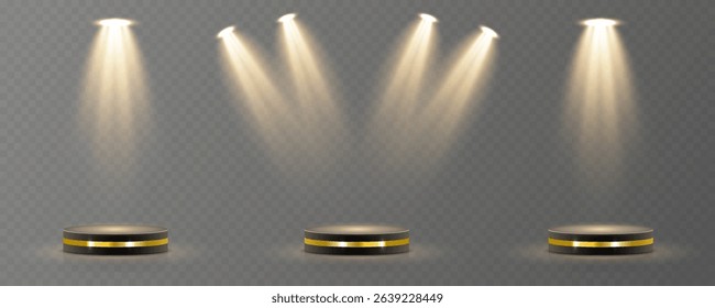 Bright light source cuts through dim background. Row of spotlights builds stage intensity quickly. Theatrical lighting forms cinematic composition. Soft shadows enhance abstract visual depth.
