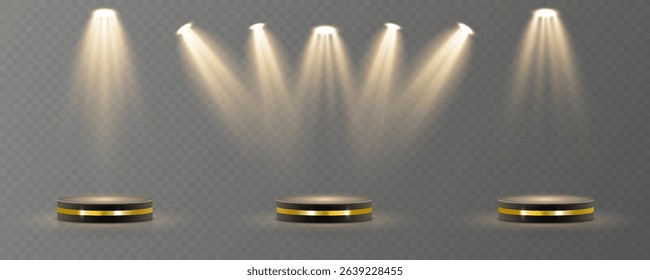 Bright light source cuts through dim background. Row of spotlights builds stage intensity quickly. Theatrical lighting forms cinematic composition. Soft shadows enhance abstract visual depth.