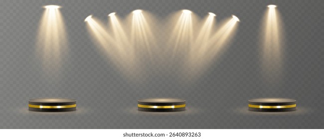 Bright light source cuts through dim background. Row of spotlights builds stage intensity quickly. Theatrical lighting forms cinematic composition. Soft shadows enhance abstract visual depth.