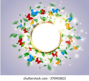 Bright light spring background floral concept with butterfly, round golden frame, leaves, daisies. Vector sunshine flower background with chamomile and sparks