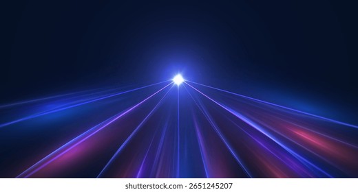 Bright light stream with blue and red rays coming from one point on a dark background. Vector effect for digital design, motion illustrations, sci-fi and futuristic projects.