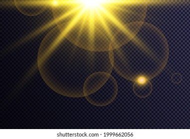 The bright light of the sun. Transparent sunlight. Special lens flare light effect. Front solar lens flare. 