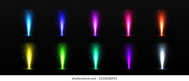 Bright light vector burst ray shine explode effect. Golden abstract neon beam firework. Glitter event flare highlight in yellow, green, blue and purple isolated shape. Decorative energy explosion