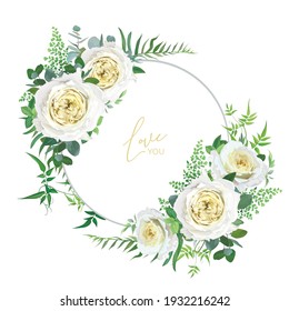 Bright, light yellow and greenery floral editable bouquet set. Elegant cabbage garden roses, maidenhair forest fern, vine branches, eucalyptus leaves vector illustration. Wedding invite, save the date