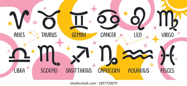 Bright and light zodiac symbols set. Astrology signs surrounded by stars, planets and constellations. Horoscope, prediction header or banner. Vector hand drawn illustration