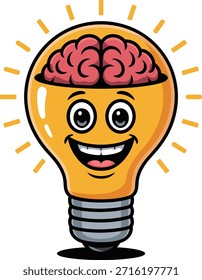 Bright lightbulb with brain character represents intelligence innovation imagination science technology solutions. Symbolizes creativity and understanding