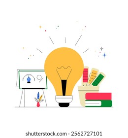 Bright Lightbulb And Design Elements On Desk In Flat Vector Illustration Symbolizing Innovation, Creativity, And Design Concepts, Isolated On White Background.