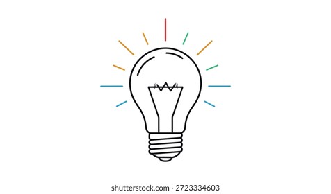 Icono de bombilla brillante con rayos coloridos que irradian hacia afuera simboliza una idea fresca o un momento de inspiración creativa repentina.