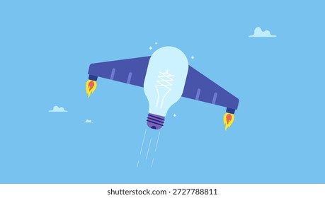 Helle Glühbirnenidee mit Raketenverstärker, der schnell in den Himmel fliegt. Schaffen Sie kreative Ideen, Vorstellungskraft, Innovation oder Technologie, um zum Erfolg beizutragen, erfinden Sie neue Lösungen, um den Wettbewerb zu gewinnen.