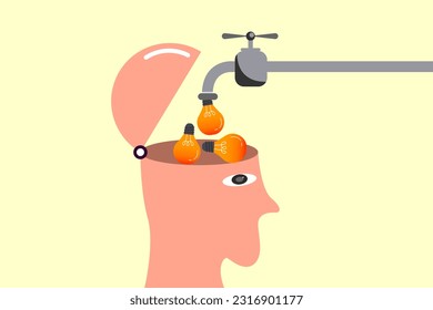 las ideas brillantes de la bombilla fluyen de la tubería a la cabeza humana, aprende nuevas habilidades,