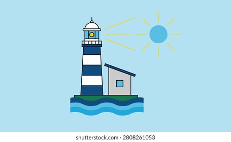 Bright lighthouse standing on a small green island in the middle of a blue sea shining under a warm bright yellow sun.