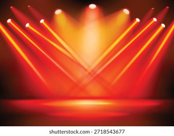 Iluminação brilhante, luzes de spot coloridas, vigas do projetor, efeito de luz de spot. Borrão de feixe vermelho realista. Luz mostra decorações. Ilustração vetorial