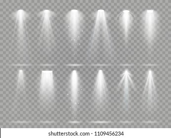 Bright lighting projector beams on theater stage. Rays of studio floodlights, white spotlight light and floodlight lights inside theater studio vector set collection on checkered background