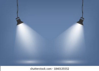 Luces luminosas con focos. Colección del efecto luminoso con rayo y haz. Proyecciones brillan con rayos amarillos. Ilustración del vector