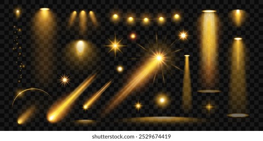 Proyectores de iluminación brillante, estrellas, bengalas, destellos, cometas, brillo conjunto con luz dorada. Un efecto aislado para conciertos, iluminación de escenas, el circo, fiestas y espectáculos. Elementos de diseño Abstractas.