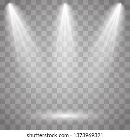 Bright lighting with spotlights.Scene illumination effects on checkered transparent background. Vector illustration EPS10.