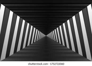 Bright Lighting in Tunnel. Glowing Walls of the Corridor. Abstract Black and White Pattern with Stripes. Vector. 3D Illustration