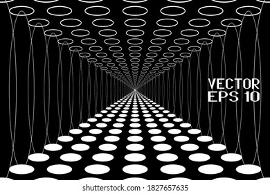 Bright Lighting in Tunnel. Texture of the Corridor in Perspective. Abstract Black and White Pattern with Circles. Vector. 3D Illustration