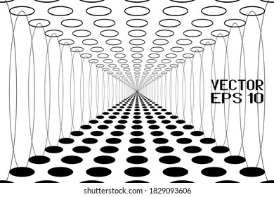 Bright Lighting in Tunnel. Texture of the Corridor in Perspective. Abstract Black and White Pattern with Circles. Vector. 3D Illustration