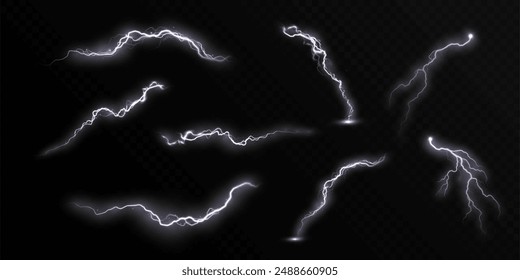 Bright lightning effect, lightning electric discharge, bright light effect PNG. Lightning energy discharge effect isolated on transparent background for web design and illustrations.	