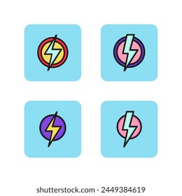 Bright lightning line icon set. Different symbols high voltage and charge. Energy concept. Can be used for pictogram, web design, emblem