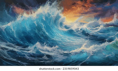 
Bright lightning in a raging sea. A strong storm in the ocean. Big waves. Night thunderstorm. Dark tones. The power of raging nature. Seascape, artwork. Vector illustration design