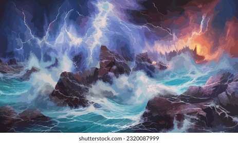 Bright lightning in a raging sea. A strong storm in the ocean. Big waves. Night thunderstorm. Dark tones. The power of raging nature. Seascape, artwork. Vector illustration design