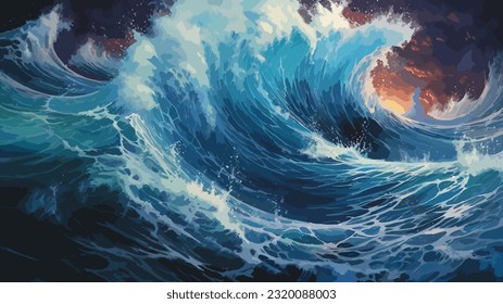 Heller Blitz in einem wütenden Meer. Ein starker Sturm im Ozean. Große Wellen. Nachts Gewitter. Dunkle Töne. Die Kraft der wütenden Natur. Seascape, Kunstwerke. Vektorgrafik-Design