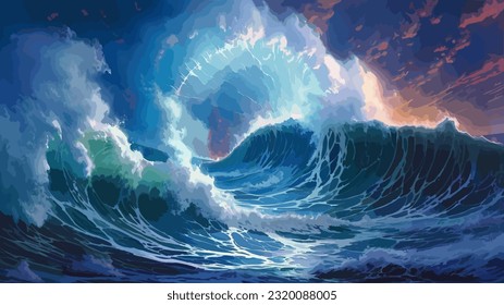 Bright lightning in a raging sea. A strong storm in the ocean. Big waves. Night thunderstorm. Dark tones. The power of raging nature. Seascape, artwork. Vector illustration design