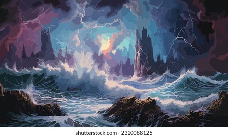 Bright lightning in a raging sea. A strong storm in the ocean. Big waves. Night thunderstorm. Dark tones. The power of raging nature. Seascape, artwork. Vector illustration design