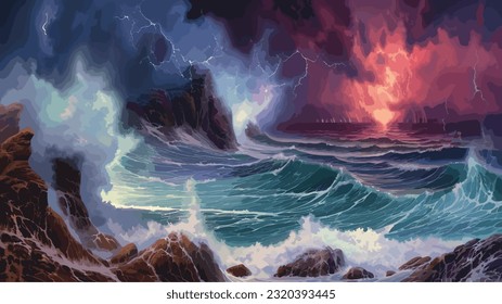 Bright lightning in a raging sea. A strong storm in the ocean. Big waves. Night thunderstorm. Dark tones. The power of raging nature. Seascape, artwork. Vector illustration design