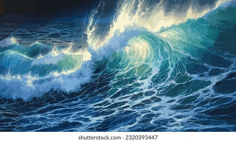 Luces brillantes en un mar furioso. Una fuerte tormenta en el océano. Grandes olas. Tormenta eléctrica nocturna. Tonos oscuros. El poder de la naturaleza furiosa. Captura de mar, arte. Diseño de ilustración de vector