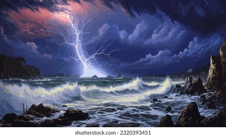 Bright lightning in a raging sea. A strong storm in the ocean. Big waves. Night thunderstorm. Dark tones. The power of raging nature. Seascape, artwork. Vector illustration design