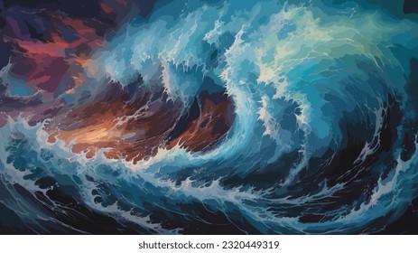 Bright lightning in a raging sea. A strong storm in the ocean. Big waves. Night thunderstorm. Dark tones. The power of raging nature. Seascape, artwork. Vector illustration design