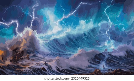 Bright lightning in a raging sea. A strong storm in the ocean. Big waves. Night thunderstorm. Dark tones. The power of raging nature. Seascape, artwork. Vector illustration design