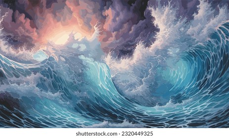 Bright lightning in a raging sea. A strong storm in the ocean. Big waves. Night thunderstorm. Dark tones. The power of raging nature. Seascape, artwork. Vector illustration design