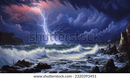 Bright lightning in a raging sea. A strong storm in the ocean. Big waves. Night thunderstorm. Dark tones. The power of raging nature. Seascape, artwork. Vector illustration design