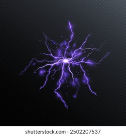 Bright lightning. Realistic lightning on transparent background. Explosion of energy with many ball lightning. Vector for web design and illustrations. Lightning PNG.