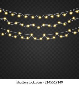 Bright lights bulbs for poster, card, or web. Christmas, New Year, wedding or Birthday decor. Led neon lamp. Set of golden Xmas glowing garland. Glowing yellow light bulb with sparkles. Vector.