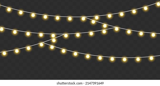 Bright lights bulbs for poster, card, or web. Christmas, New Year, wedding or Birthday decor. Led neon lamp. Set of golden Xmas glowing garland. Glowing yellow light bulb with sparkles. Vector.