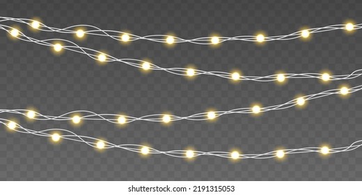 Bright lights bulbs for poster, card, or web. Set of golden Xmas glowing garland. Led neon lamp. Christmas, New Year, wedding or Birthday decor. Glowing yellow light bulb with sparkles. Vector.