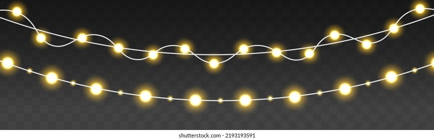 Bombillas brillantes para afiches, tarjetas o web. Conjunto de guirnaldas de navidad dorada. Lámpara de neón. Navidad, Año Nuevo, decoración de bodas o cumpleaños. Bombilla de luz amarilla brillante con destellos. Vector.