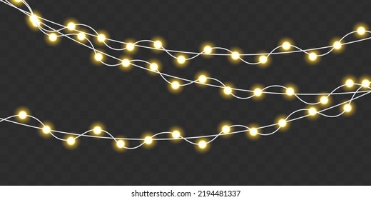 Bright lights bulbs for poster, card, or web. Set of golden Xmas glowing garland. Led neon lamp. Christmas, New Year, wedding or Birthday decor. Glowing yellow light bulb with sparkles. Vector.