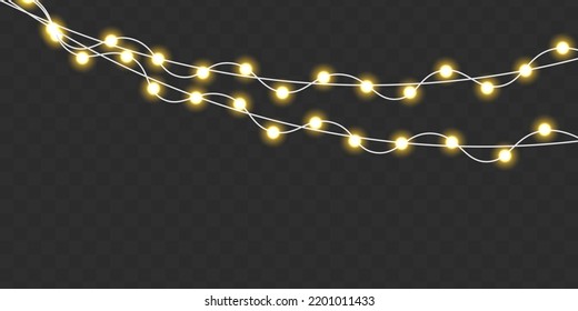 Bright lights bulbs for poster, card, or web. Set of golden Xmas glowing garland. Led neon lamp. Christmas, New Year, wedding or Birthday decor. Glowing yellow light bulb with sparkles. Vector.
