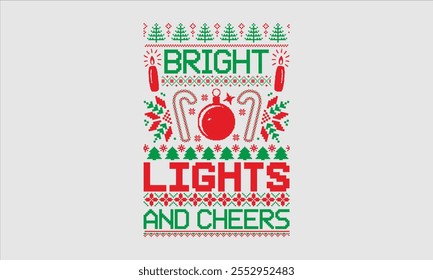 Luces brillantes y ovaciones - día de las Navidades diseño de la camiseta del suéter feo, esta ilustración se puede utilizar como impresión y bolsos, para la cortadora, camafeo de la silueta, Cricut, aislado en el fondo blanco